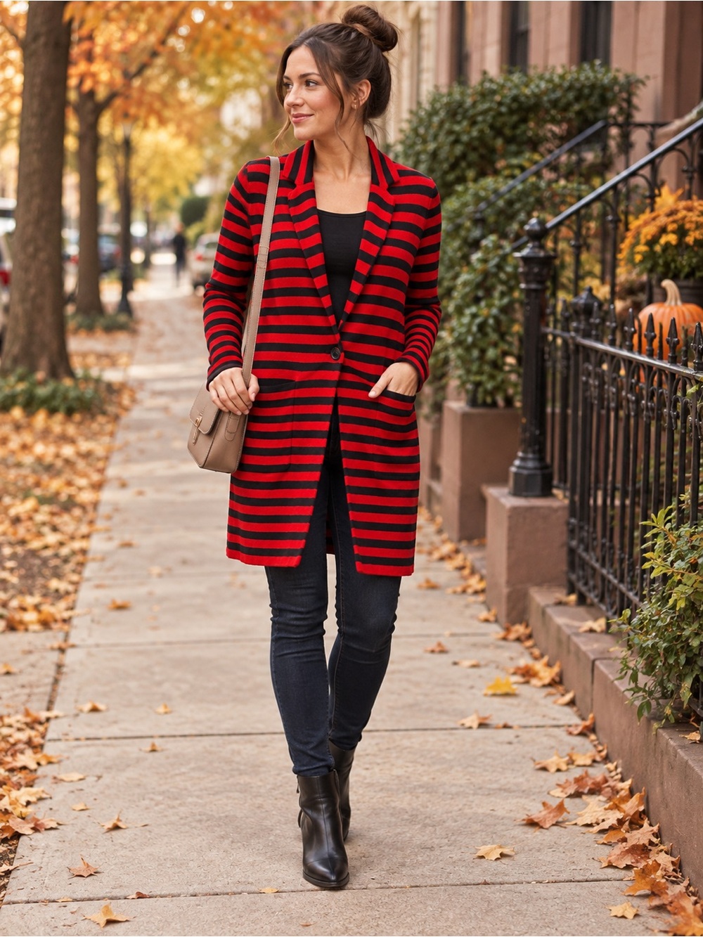 Ann Taylor Red & Black Striped Coatigan | Size Medium